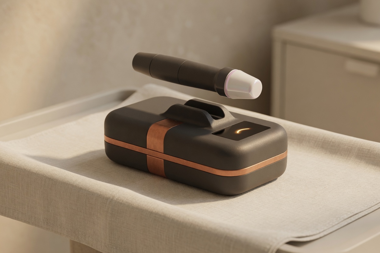Concept of a handheld treatment unit on a linen tray, with a small screen on the face
