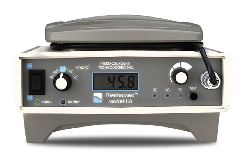 Front of the ThermoMed Model 1.8, including its numeric temperature readout and battery light
